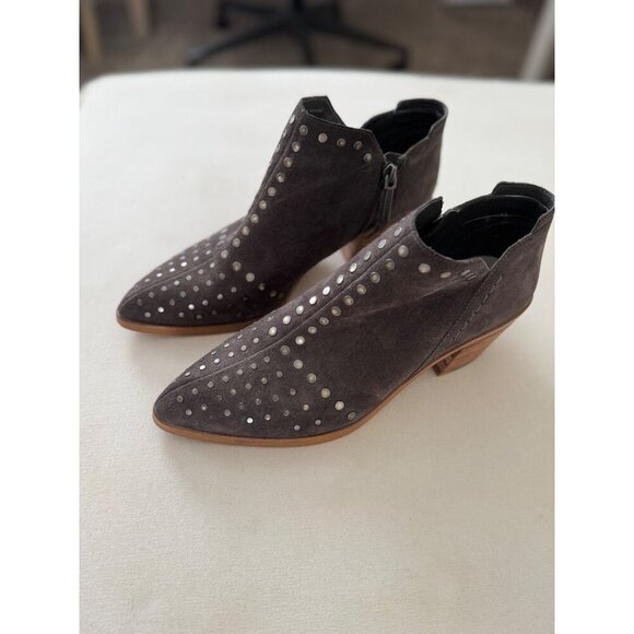 1. State Loka Studded Suede Ankle Bootie Wood Block Heel Almond Toe Size 8M Gray - Picture 11 of 15